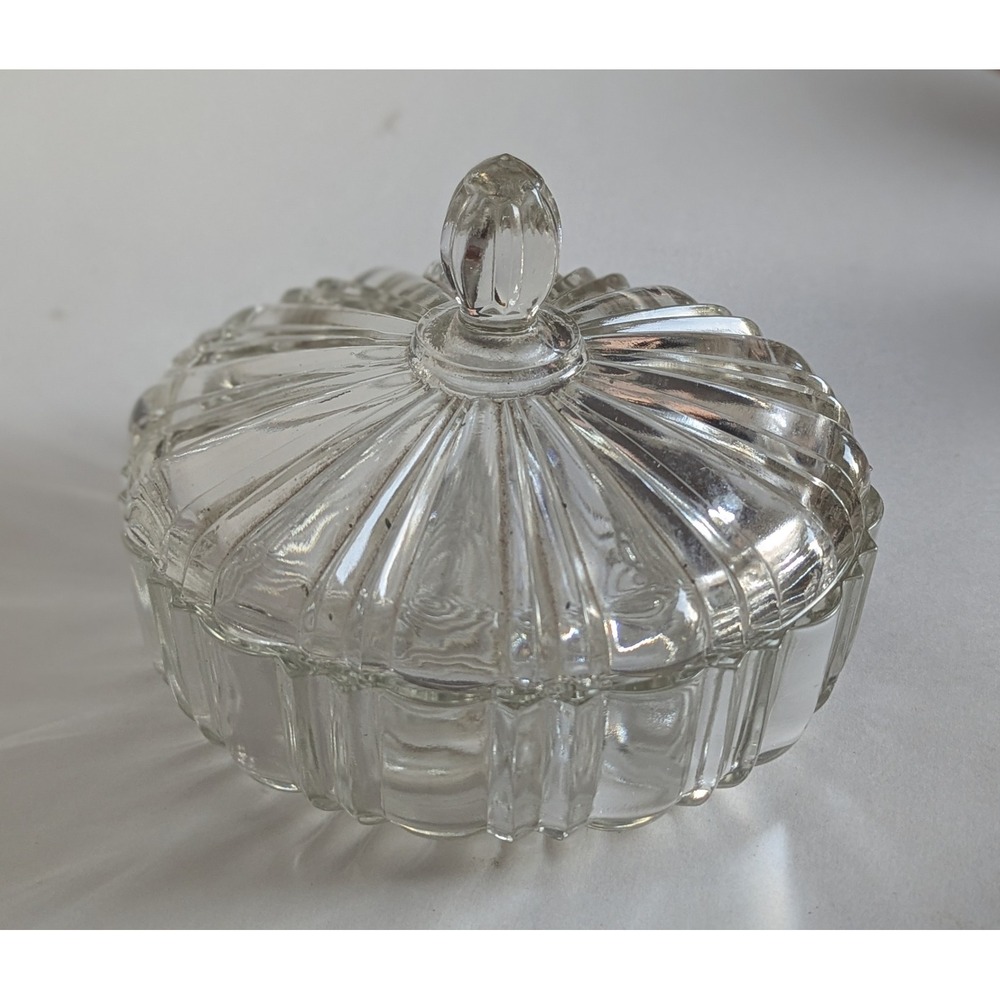 Vintage Clear Ribbed Pressed Glass Trinket Dish with Lid Round Sunburst Design
